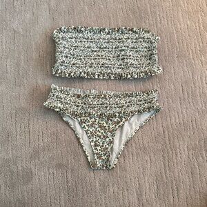 Tory Burch Floral Smocked Bikini Set - Cream & Green (top - s, bottom - xs)